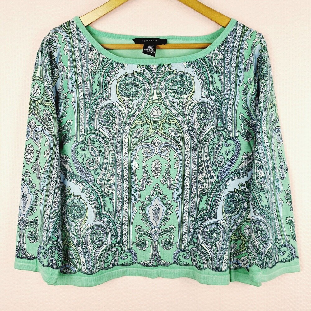 Jones Wear Boho Paisley Women Knit Top Silk Blend Green Stretch Size L